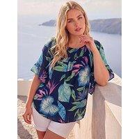 Roman Curve Floral Print Shirred Bardot Top