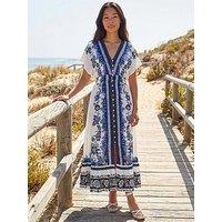 Roman Petite Border Print V-Neck Midi Dress