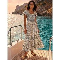 Roman Dusk Floral Shirred Midi Dress