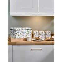 Laura Ashley Bread Bin And Set Of 3 Canisters, Elveden White