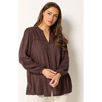Yours Curve Crochet Sleeve Notch Neck Top - Brown