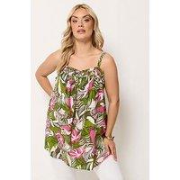 Yours Curve Square Neck Tropic Print Cami - Green