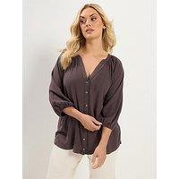 Yours Curve Chambray 3/4 Sleeve Blouse - Brown