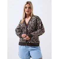 Yours Curve Zebra Print Balloon Sleeve Cardigan - Brown