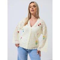 Yours Curve Long Sleeve Crochet Embroidered Cardigan - White