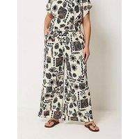 Yours Curve Natural Brown Summer Print Crinkle Wide Leg Trousers - Brown