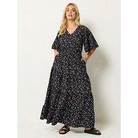 Yours Curve Floral Ditsy Print Textured Maxi Dress - Black