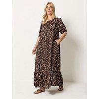Yours Curve Tie Smock Maxi Dress - Brown