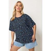 Yours Curve Oversized Ditsy Print T-Shirt - Blue