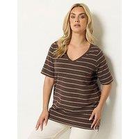 Yours Curve V-Neck Stripe T-Shirt - Brown