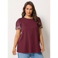 Yours Curve Angel Sleeve Embroidered T-Shirt - Red