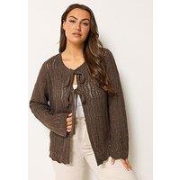 Yours Curve Tie Front Crochet Cardigan - Brown