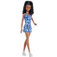 Barbie Fashionistas Fashion Doll #248 With Black Hair, Blue Floral Outfit, Silver Boots & Pearl Choker