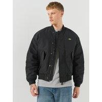 Lacoste Mens Water-Repellent Ribbed Trim Zip Bomber Jacket - Black