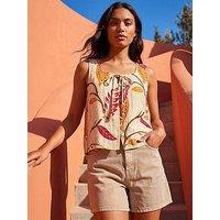 Roman Leaf Print Textured Tie Front Blouse