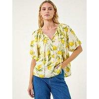 Roman Lemon Print Tie Front Top