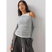 The Very Collection Double Layer Off The Shoulder Long Sleeve Top - Grey