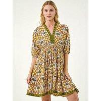 Roman Palm Check Boho Dress