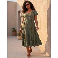 Roman Curve Pebble Crepe Tiered Midi Dress