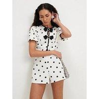 River Island Short Sleeve Polka Dot Bow Frnt Playsuit - Cream