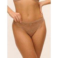 Wacoal Womens Abellia Lace Sheer Mesh Scalloped Edge Tanga Briefs - Beige