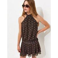 New Look 915 Girls Brown Mesh Polka Dot Halterneck Mini Dress - Brown