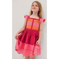 Monsoon Girls Colour Block Poplin Broderie Dress - Pink