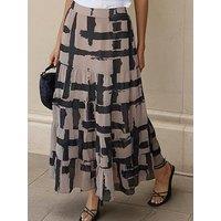 Religion Abstract Print Tiered Maxi Skirt - Brown