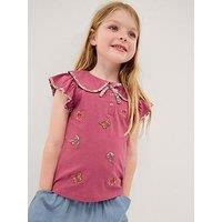 Monsoon Girls Short Sleeve Floral Embroidered Collar Tshirt - Pink