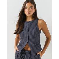 Guess Jeans Womens Pinstripe Fitted Button-Through Waistcoat - Blue