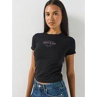 Guess Jeans Womens Rhinestone Heart Stretch Baby T-Shirt - Black