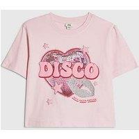 River Island Older Girls Disco All The Time Kiss T-Shirt - Pink