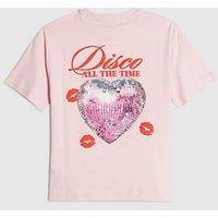 River Island Older Girls Disco All The Time Back Print T-Shirt - Pink