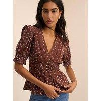 Nobodys Child Ditsy Floral Puff Sleeve Seren Blouse - Brown