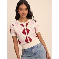 Nobodys Child Argyle Short Sleeve Cardigan - Red/Pink