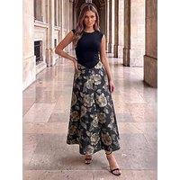 Ax Paris Cap Sleeve Floral Jacquard Midi Dress With Full Skirt - Black
