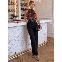 Ax Paris Womens High Neck Belted Wide-Leg Jumpsuit - Brown