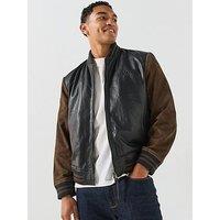 Allsaints Mens Leather Contrast Sleeve Bomber Jacket - Black