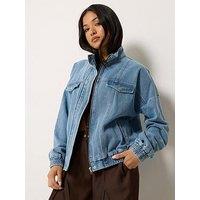 Pixiegirl Petite Funnel Neck Denim Trucker Jacket - Mid Blue