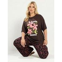 Yours Curve Placement T - Shirt - Brown