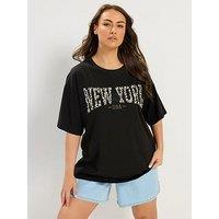 Yours Curve Leopard Print Placement T-Shirt - Black