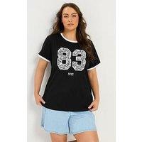 Yours Curve Manhattan Placement Lace Detail T-Shirt - Black