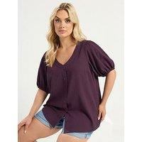 Yours Curve Button Texture Short Sleeve Blouse - Purple