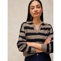 White Stuff Izzy Wool Blend Collared Stripe Jumper - Beige