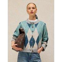 White Stuff Argyle Check Button-Through Cardigan - Blue