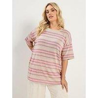 Yours Curve Boxy Knitted Stripe T-Shirt - Pink