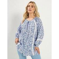 Yours Curve Leaf Print Gypsy Pintuck Top - Blue