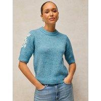 White Stuff Womens Knitted Embroidered Soft-Touch T-Shirt - Blue