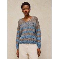 White Stuff Textured Stripe V-Neck Knitted Jumper - Brown