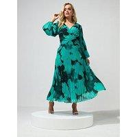 Yours Curve Abstract Long Sleeve Pleat Dress - Green